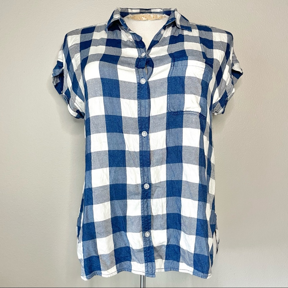 American Eagle Button-up Cap Sleeve Gingham Shirt - Blue/White